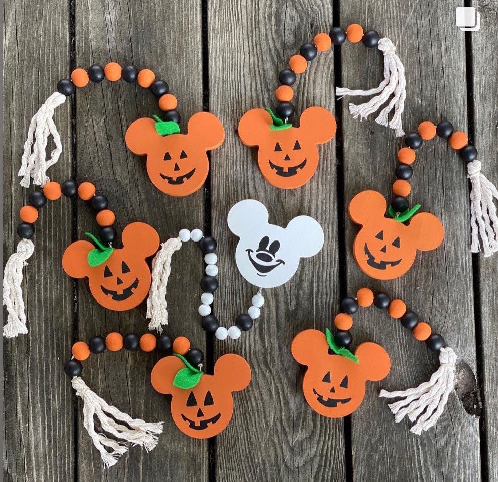 Jack-O-Lantern & Ghost Farmhouse Mickey Wooden Bead Tray and Shelf Decor