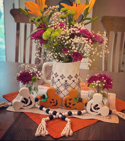 Jack-O-Lantern & Ghost Farmhouse Mickey Wooden Bead Tray and Shelf Decor