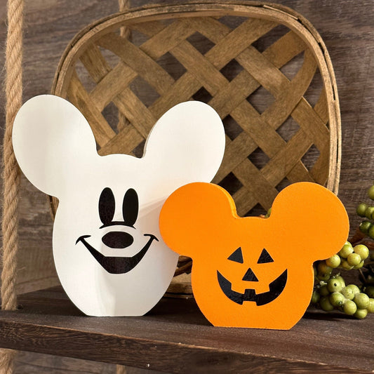 FLAT Bottom - Fall Jack-O-Lantern & Ghost Farmhouse Mickey Wooden Bead Tray and Shelf Decor