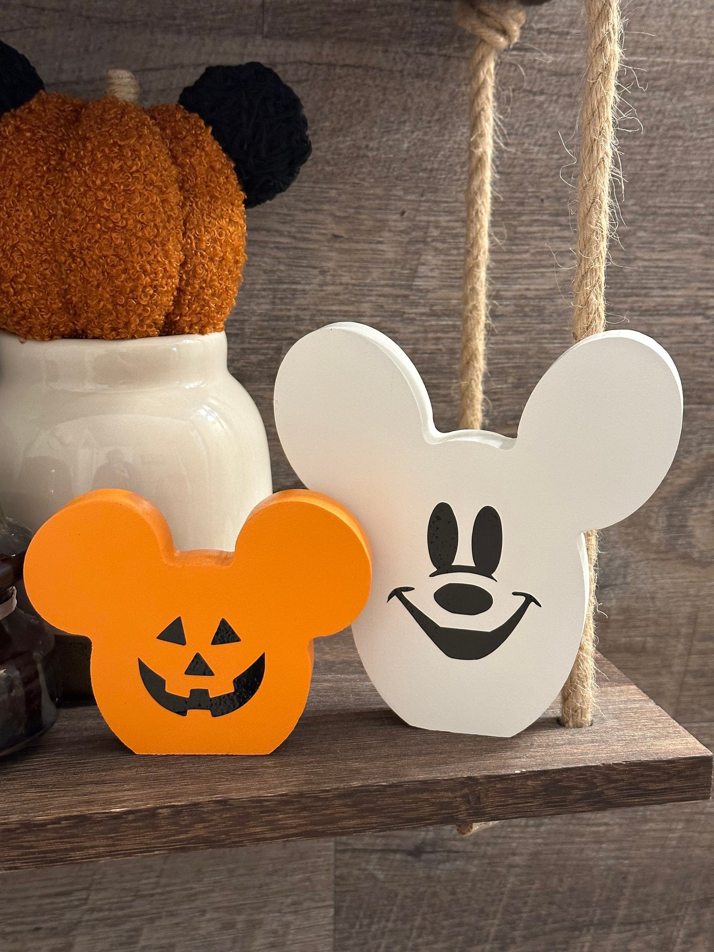 FLAT Bottom - Fall Jack-O-Lantern & Ghost Farmhouse Mickey Wooden Bead Tray and Shelf Decor