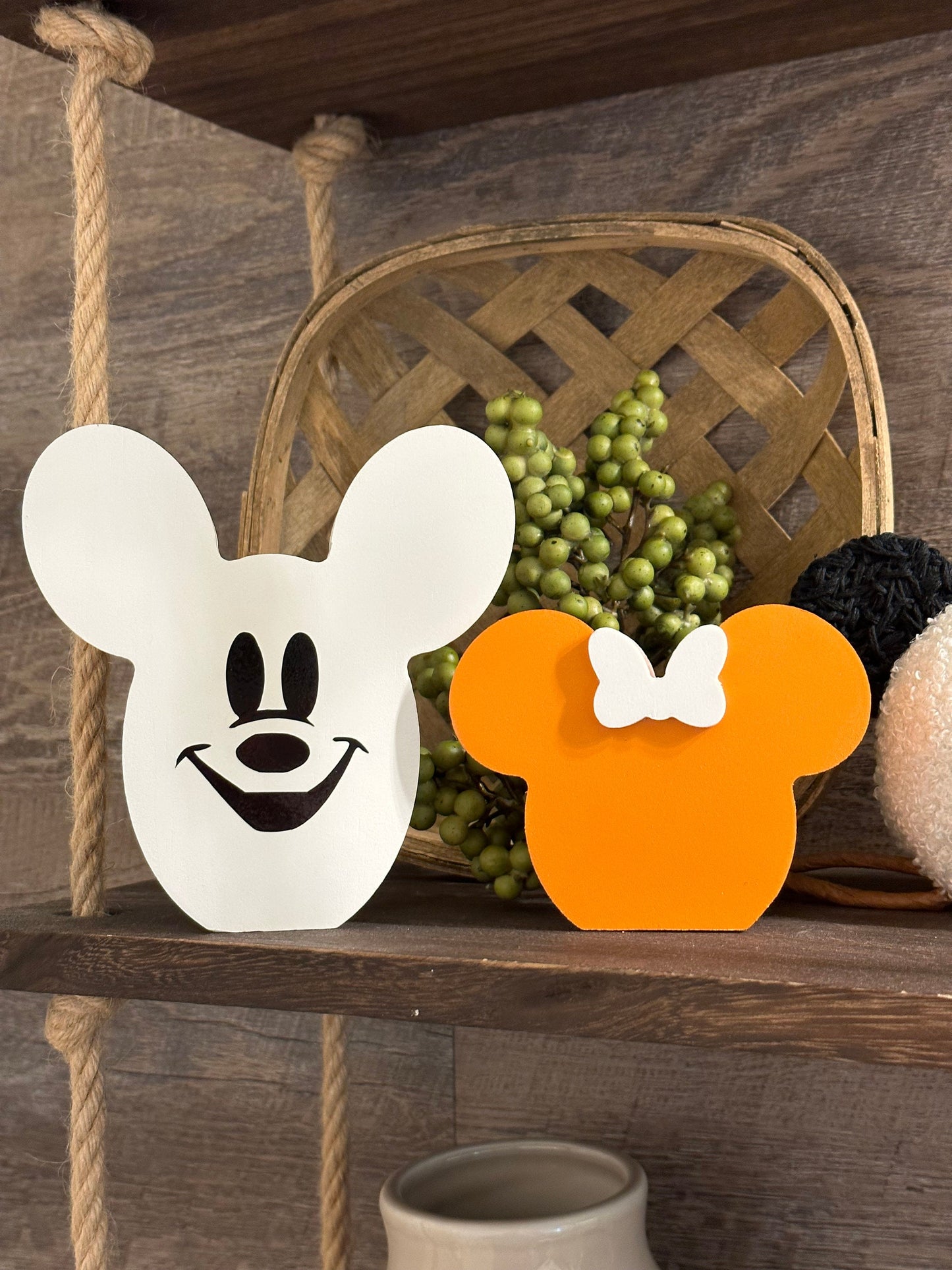 FLAT Bottom - Fall Minnie Pimpkin & Ghost Farmhouse Mickey Wooden Bead Tray and Shelf Decor